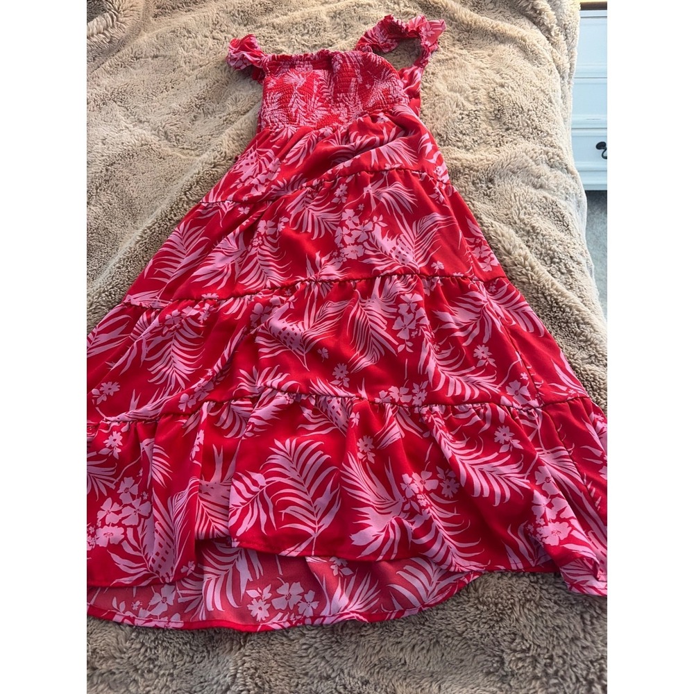 Poppies and Roses Red Hawaiian Palm Print Smocked Tiered Maxi Dress Womens 8
